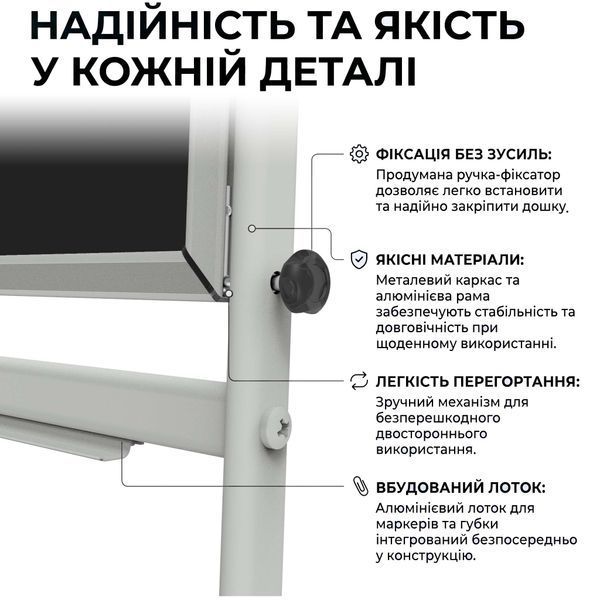 Поворотна двустороння крейдяна магнітна дошка 100&times;75 см (графіт) в світлому каркасі