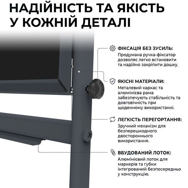 Поворотная двухсторонняя меловая магнитная доска 100&times;75 см (графит) в темном каркасе