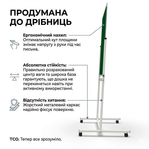 Поворотна двустороння крейдяна магнітна дошка 100&times;120 см (зелена) в світлому каркасі