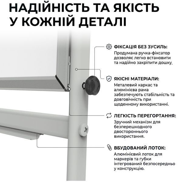 Поворотна двустороння маркерно-крейдяна магнітна дошка 100&times;150 см (біла графіт) в світлому каркасі