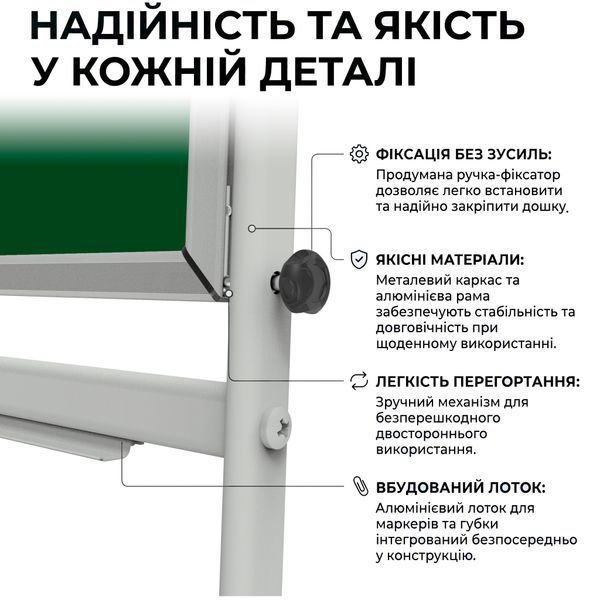 Поворотна двустороння крейдяна магнітна дошка 100&times;200 см (зелена) в світлому каркасі