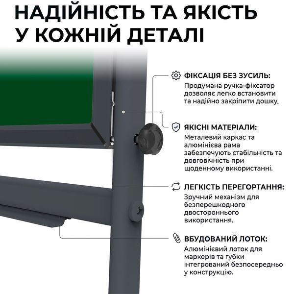 Поворотная двухсторонняя меловая магнитная доска 100&times;200 см (зеленая) в темном каркасе